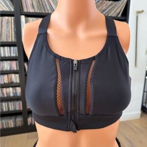 FABLETICS Front-Zip Black Sports Bra with Mesh Insets